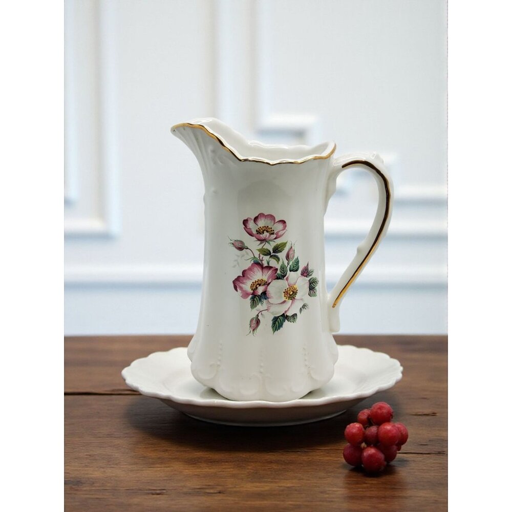 vintage house of webster porcelain floral gold color trim pitcher/vase